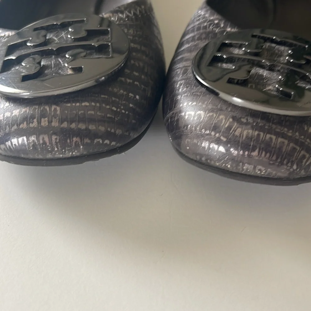 Tory Burch Reva Metallic Black Lizard Embossed Leather Ballet Flat